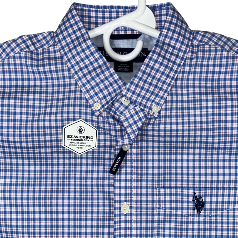 US Polo Assn Mens Short Sleeve Gingham Button Down Shirt Blue‎ Pink Moon Medium
